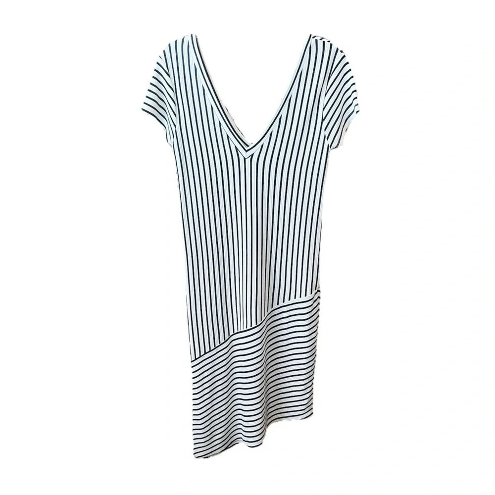 Zara asymmetrical deep v-neck stretch midi dress SZ M black white stripe
